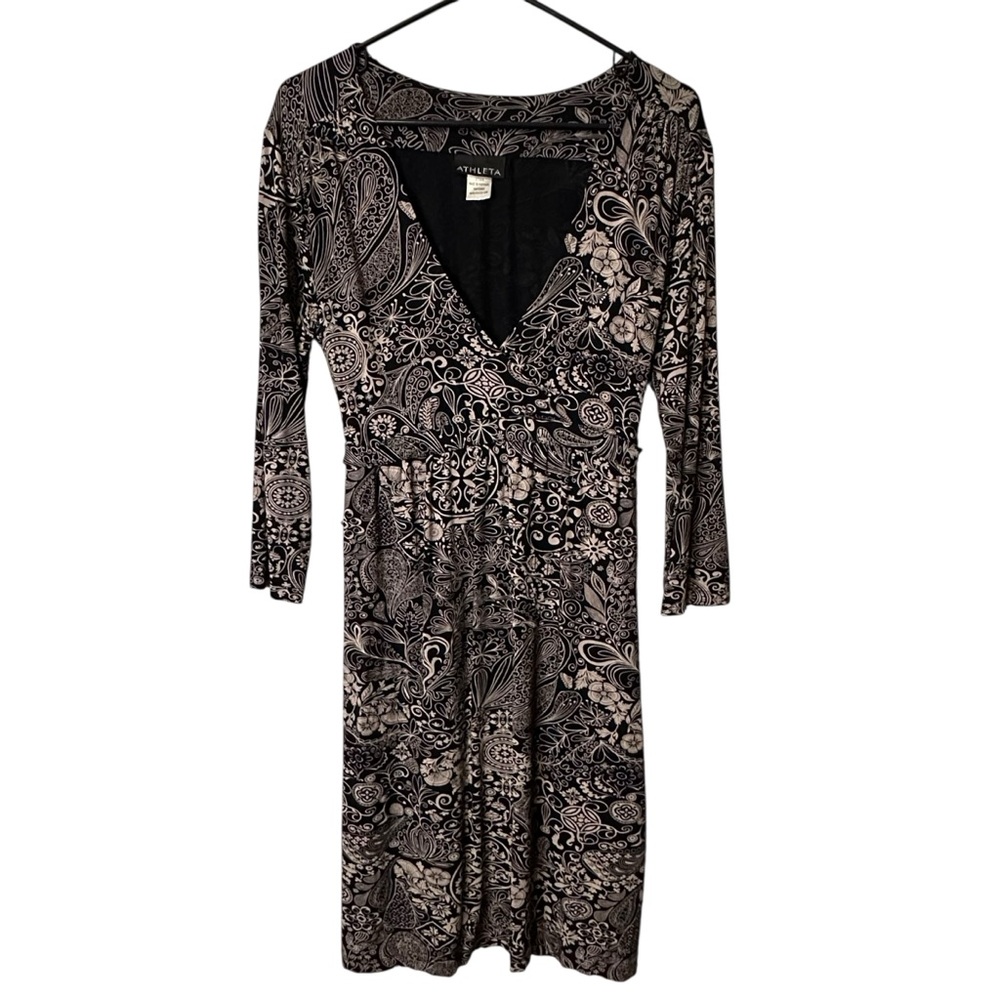 Athleta Paisley Faux Wrap Stretch Travel Dress Boho Midi Career Festival Size M